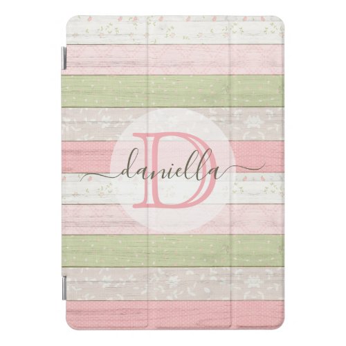 Rustic Sage Green  Pink Floral Wood Personalized iPad Pro Cover