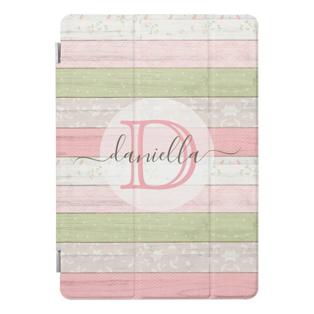 Rustic Sage Green & Pink Floral Wood Personalized iPad Pro Cover (Front)