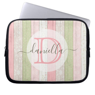 Rustic Sage Green & Pink Floral Wood Personalized Laptop Sleeve