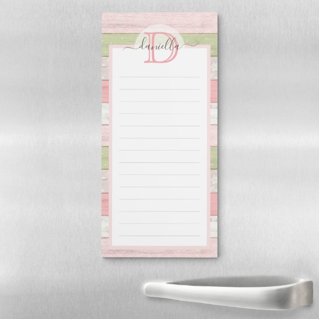 Rustic Sage Green & Pink Floral Wood Personalized Magnetic Notepad (In Situ)