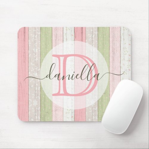 Rustic Sage Green  Pink Floral Wood Personalized Mouse Pad