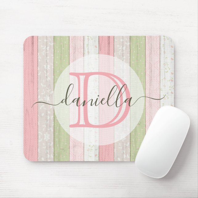 Rustic Sage Green & Pink Floral Wood Personalized Mouse Pad (With Mouse)