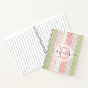 Rustic Sage Green & Pink Floral Wood Personalized Notebook