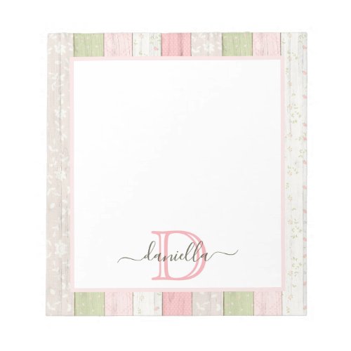 Rustic Sage Green  Pink Floral Wood Personalized Notepad