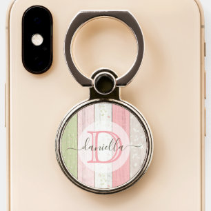 Rustic Sage Green & Pink Floral Wood Personalized Phone Ring Stand