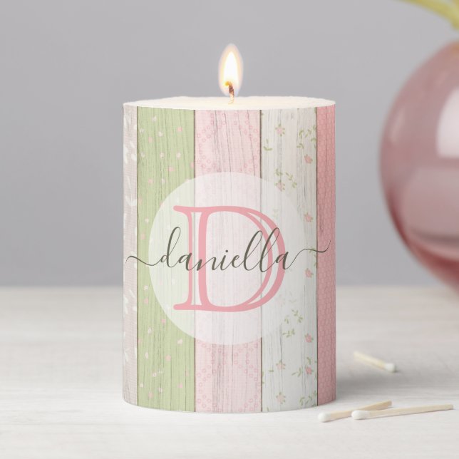 Rustic Sage Green & Pink Floral Wood Personalized Pillar Candle (In Situ)