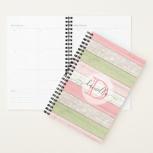 Rustic Sage Green & Pink Floral Wood Personalized Planner