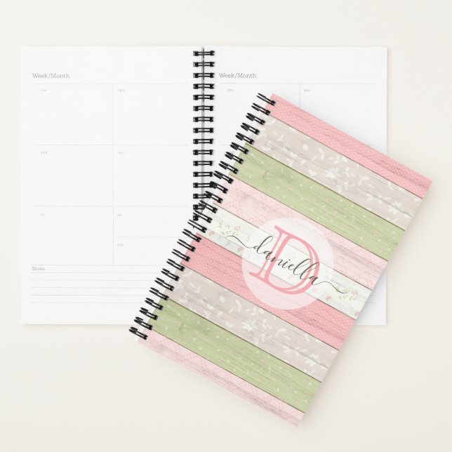 Rustic Sage Green & Pink Floral Wood Personalized Planner (Display)