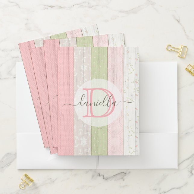 Rustic Sage Green & Pink Floral Wood Personalized Pocket Folder (In Situ)