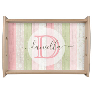 Rustic Sage Green & Pink Floral Wood Personalized Serving Tray