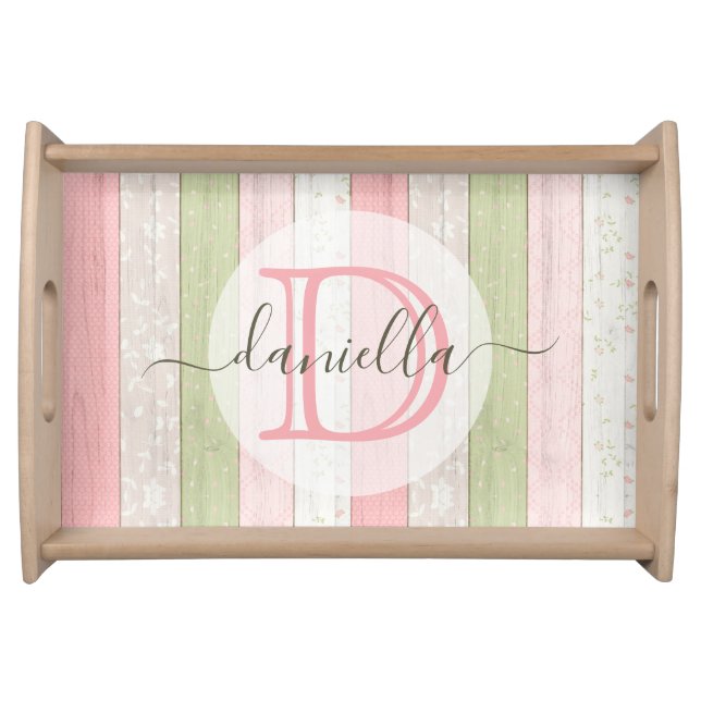 Rustic Sage Green & Pink Floral Wood Personalized Serving Tray (Front)