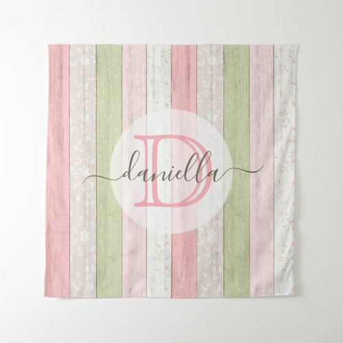 Rustic Sage Green  Pink Floral Wood Personalized Tapestry