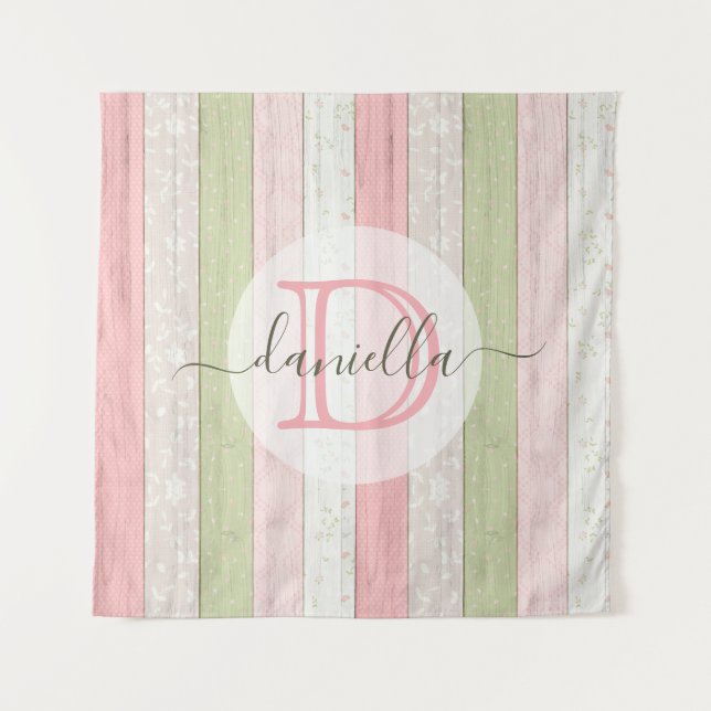 Rustic Sage Green & Pink Floral Wood Personalized Tapestry (Front)