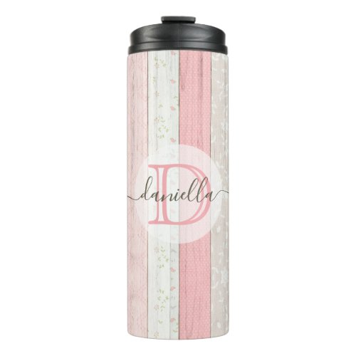 Rustic Sage Green  Pink Floral Wood Personalized Thermal Tumbler