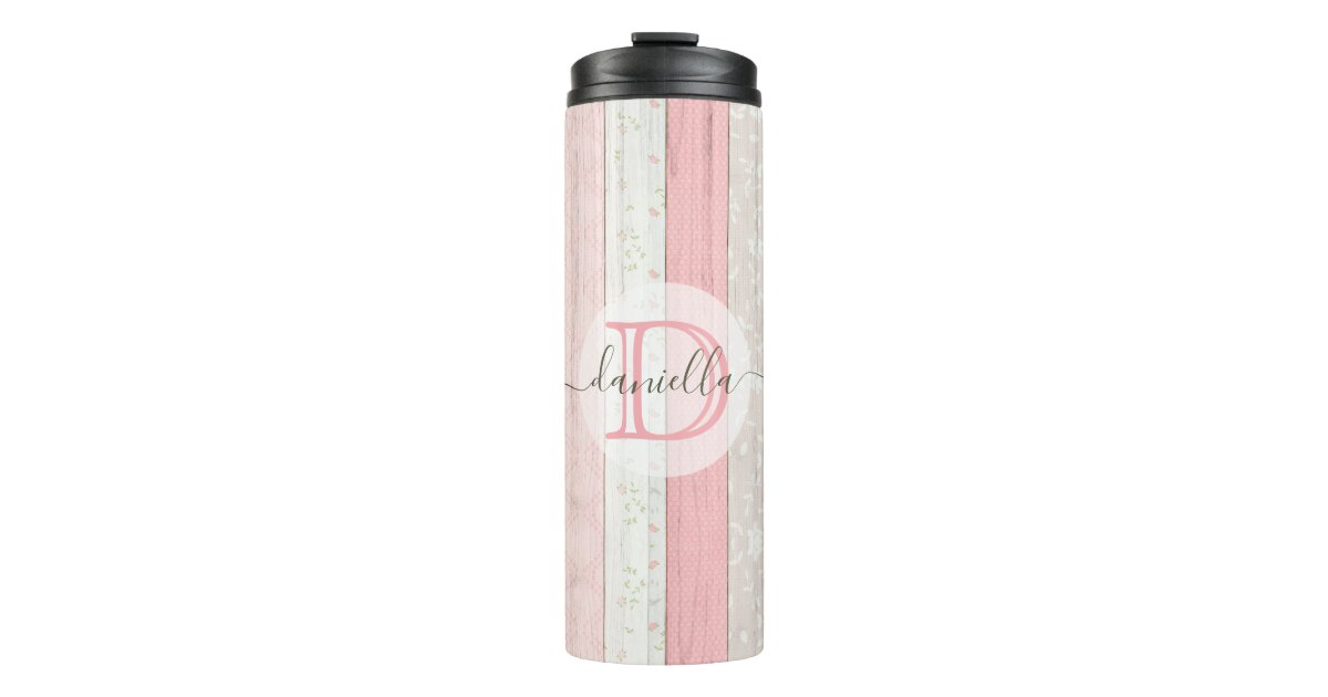 Rustic Sage Green & Pink Floral Wood Personalized Thermal Tumbler