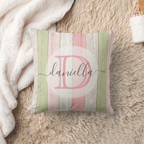 Rustic Sage Green  Pink Floral Wood Personalized Throw Pillow