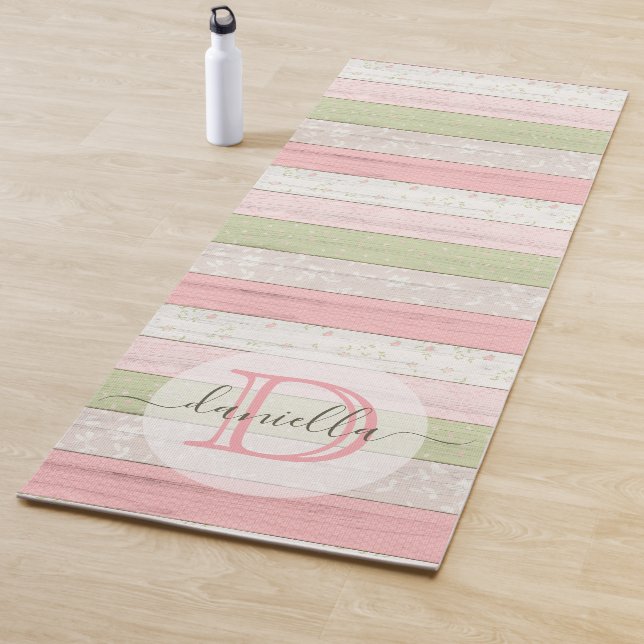 Rustic Sage Green & Pink Floral Wood Personalized Yoga Mat (In Situ)