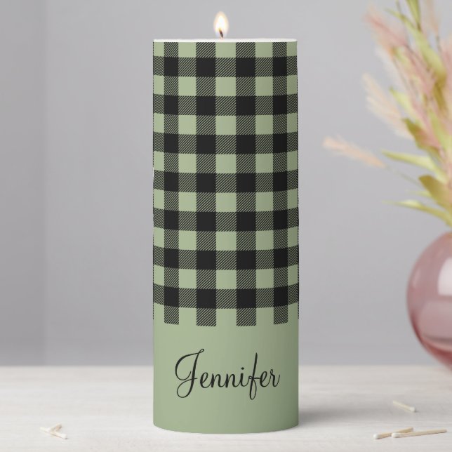 Rustic Sage Green Plaid Custom Name Pillar Candle (In Situ)
