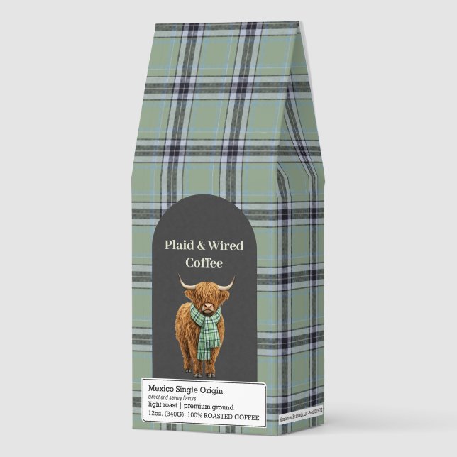 Rustic Sage Green Plaid Highland Cow  Roasted Coffee (Front)