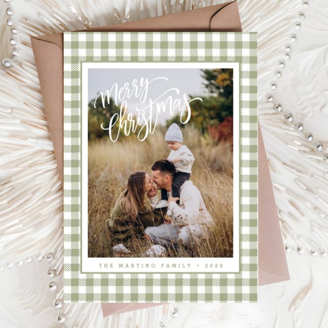 Rustic Sage Green Plaid Photo Merry Christmas Card (Creator Uploaded)