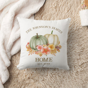 Rustic Sage Green Pumpkin Autumn Fall Family Name Throw Pillow