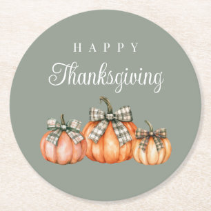 Rustic Sage Green Pumpkins Happy Thanksgiving Round Paper Coaster