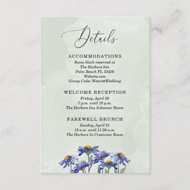 Rustic Sage Green & Purple Daisies Wedding Details Enclosure Card (Front)