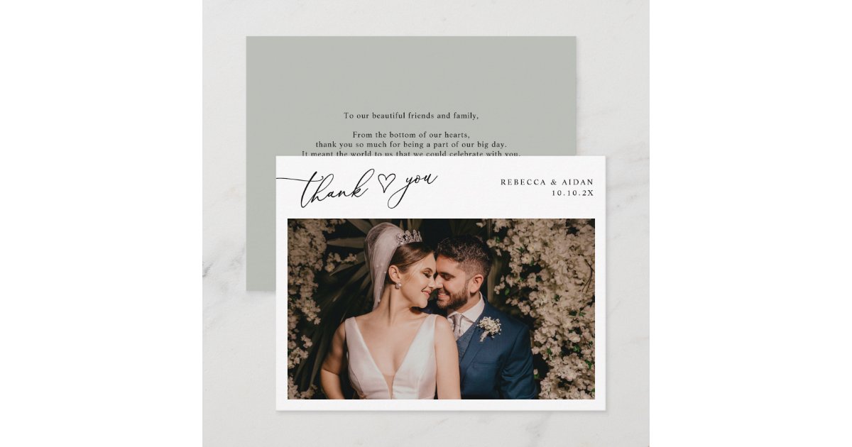 Rustic Sage Green Script Heart Wedding Photo Thank You Card | Zazzle