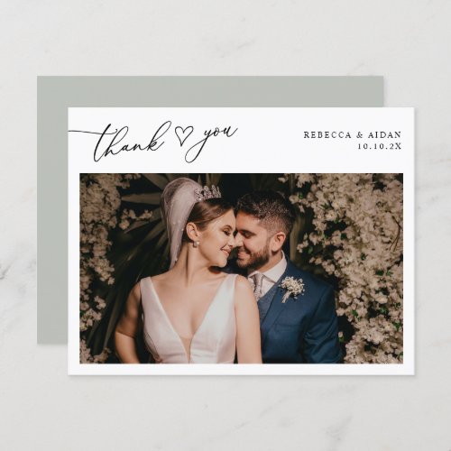 Rustic Sage Green Script Heart Wedding Photo Thank You Card - Designed to coordinate with our Stylish Script wedding collection, this customizable Flat Photo Thank You card features an elegant script with heart thank you text on the front and option to add a custom message on the back. Matching items available.