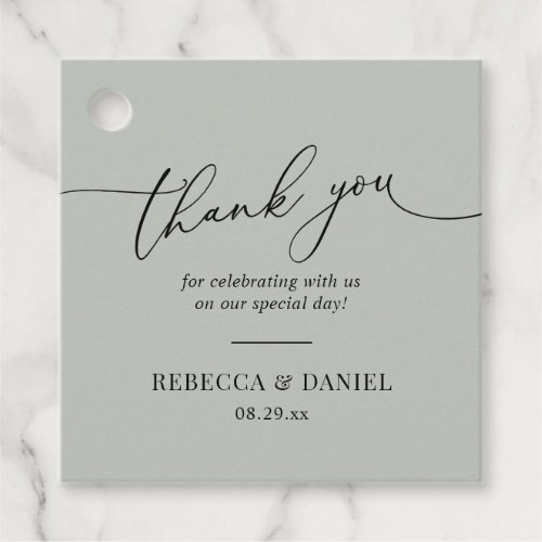 Rustic Sage Green Simple Thank You Favor Tags - Designed to coordinate with our Romantic Script wedding collection, this customizable tag, features a calligraphy graphic thank you, paired with a classy serif font in black. Matching items available.