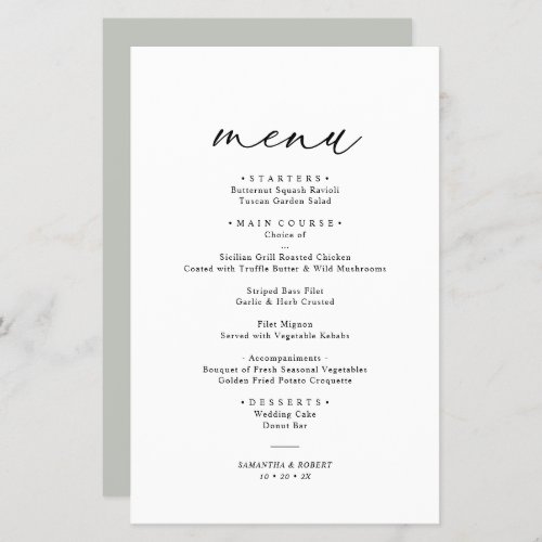 Rustic Sage Green Simple Wedding Menu - Designed to coordinate with our Romantic Script wedding collection, this customizable Menu card, features a sweeping script calligraphy text paired with a classy serif font in black with a customizable monogram on the back. Matching items available.