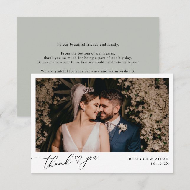 Rustic Sage Green Simple Wedding Photo Thank You Card (Front/Back)