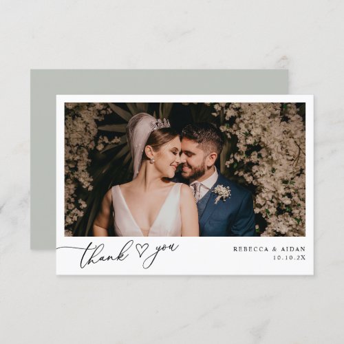 Rustic Sage Green Simple Wedding Photo Thank You Card - Designed to coordinate with our Stylish Script wedding collection, this customizable Flat Photo Thank You card features an elegant script with heart thank you text on the front and option to add a custom message on the back. Matching items available.