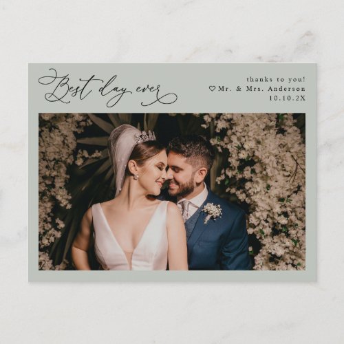 Rustic Sage Green Simple Wedding Photo Thank You Postcard - Designed to coordinate with our Stylish Script wedding collection, this customizable Flat Photo Thank You postcard features an elegant script with heart thank you text on the front and paired with a classy serif font in black on the back. Matching items available.