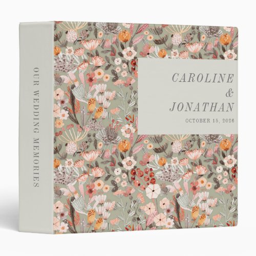 Rustic Sage Green Taupe Floral Boho Custom Wedding 3 Ring Binder