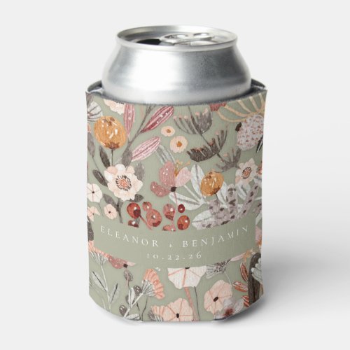 Rustic Sage Green Taupe Floral Boho Custom Wedding Can Cooler
