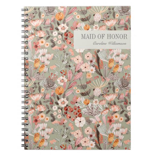 Rustic Sage Green Taupe Floral Boho Maid of Honor Notebook