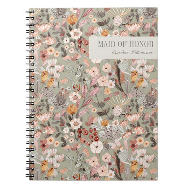 Rustic Sage Green Taupe Floral Boho Maid of Honor Notebook (Front)