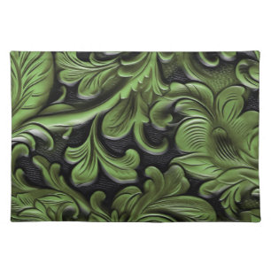 Rustic sage green tooled leather floral  cloth placemat