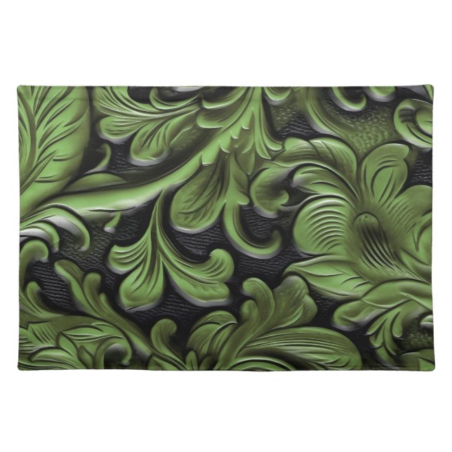 Rustic sage green tooled leather floral  cloth placemat (Front)