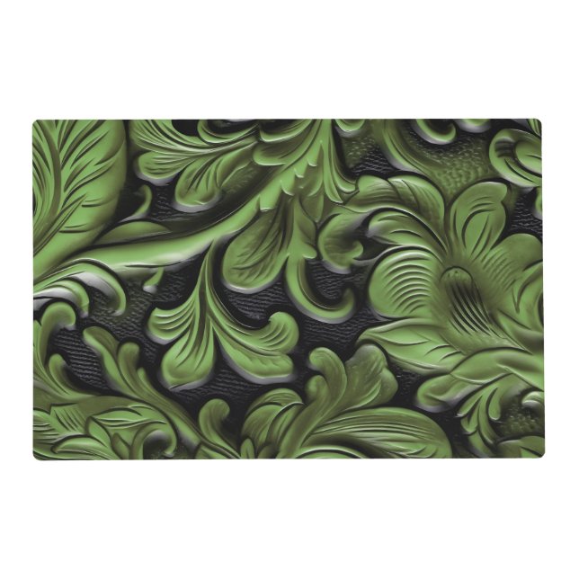 Rustic sage green tooled leather floral  placemat (Front)