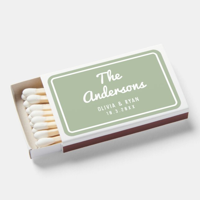 Rustic Sage Green Wedding Favor Last Name & Date Matchboxes (Front Open)