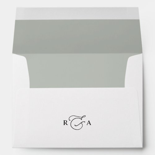 Rustic Sage Green & White Return Address Wedding Envelope - Designed to coordinate with our Romantic Script wedding collection, this customizable Invitation envelope with pre-printed return address, features a white envelope with black text and custom monogram, with a sage green background on the inside. To make advanced changes, please select "Click to customize further" option under Personalize this template.