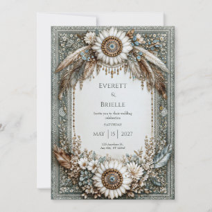 Rustic Sage Green White Sunflower Feather Wedding Invitation