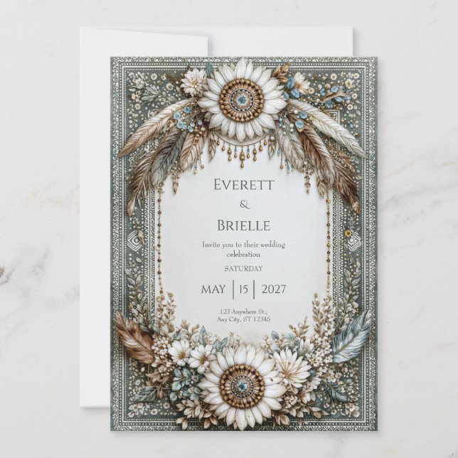 Rustic Sage Green White Sunflower Feather Wedding Invitation (Front)