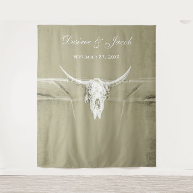 Rustic Sage Green White Western Cow Skull Backdrop (Front)