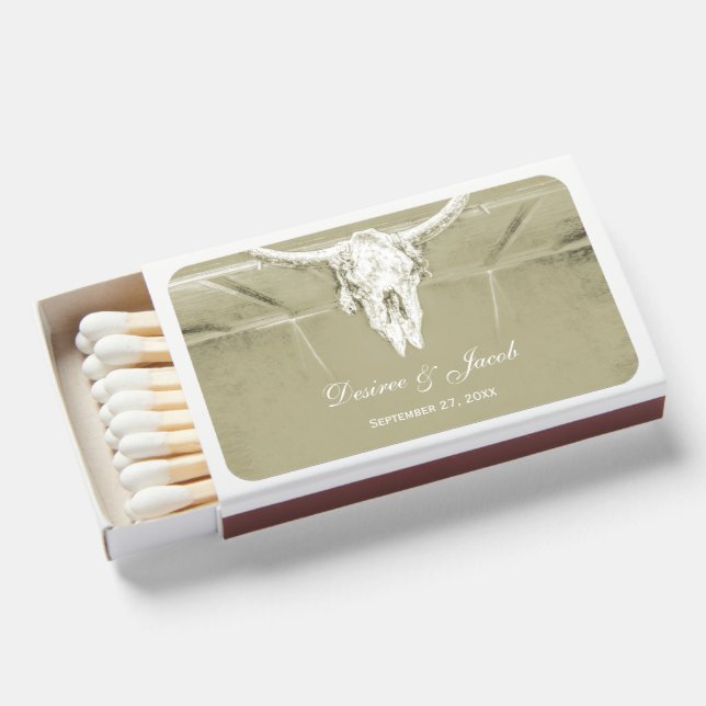 Rustic Sage Green White Western Cow Skull Wedding Matchboxes (Front Open)