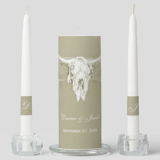 Rustic Sage Green White Western Cow Skull Wedding Unity Candle Set (Front)