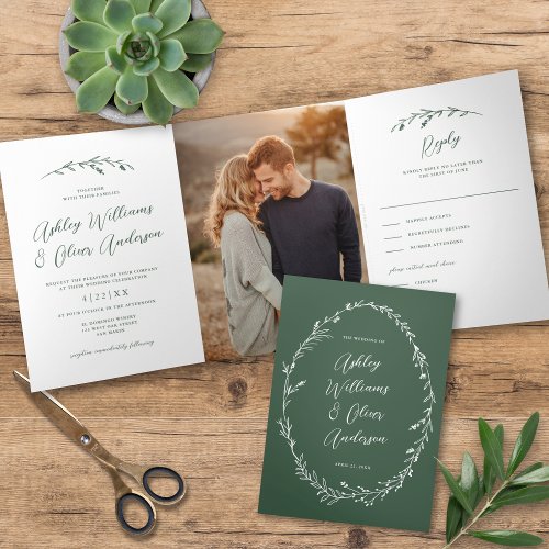 Rustic Sage Green Wildflower Boho Photo Wedding Tri_Fold Invitation
