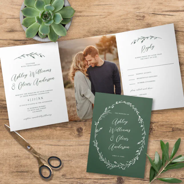 Rustic Sage Green Wildflower Boho Photo Wedding Tri-Fold Invitation ...